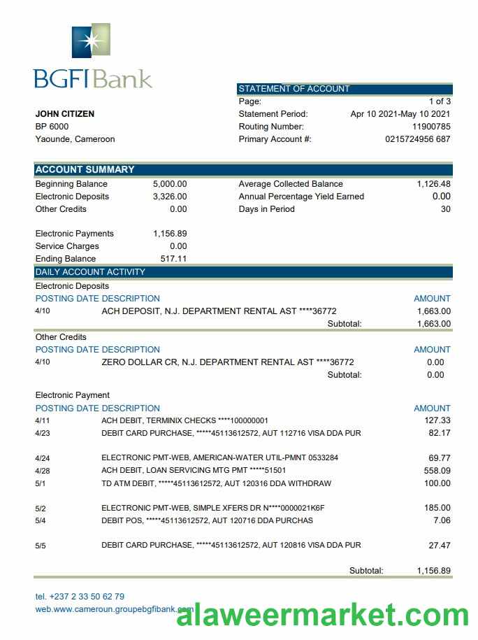 Cameroon BGFI bank statement easy to fill template in Excel and PDF format